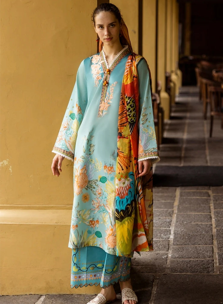 MUSHQ-3PC Sky Blue LAWN PRINTED SHIRT WITH CHIFFON PRINT DUPATTA AND PRINT TROUSER