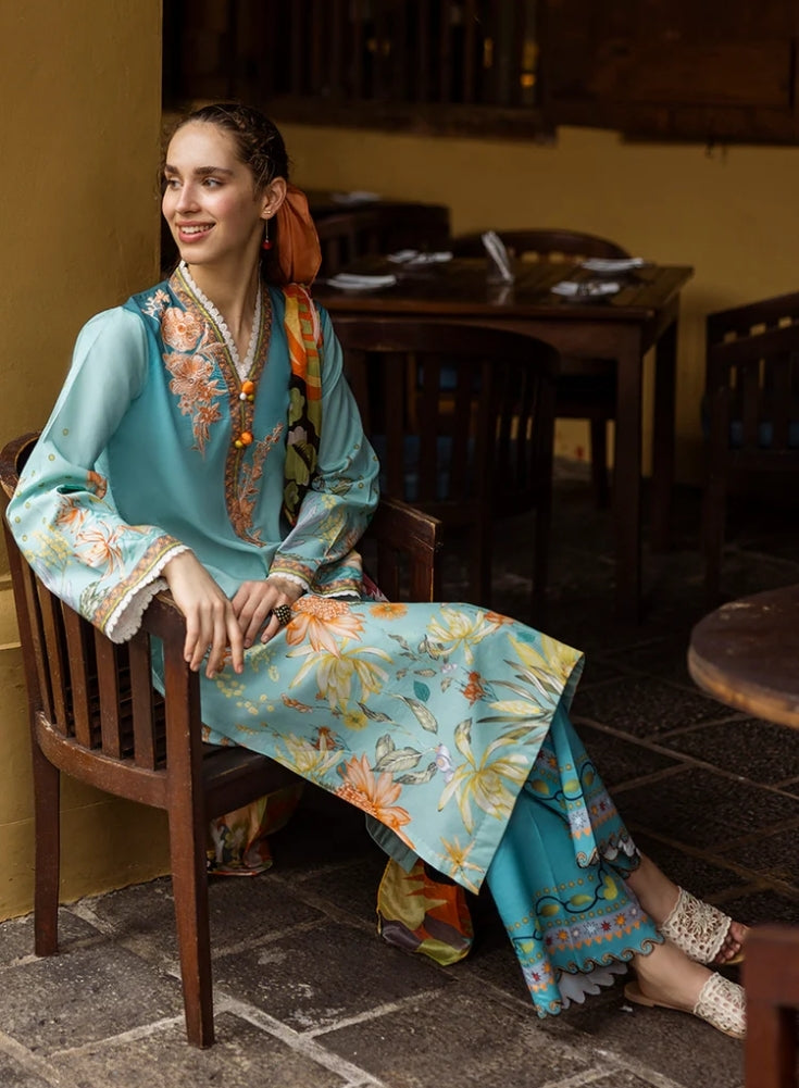 MUSHQ-3PC Sky Blue LAWN PRINTED SHIRT WITH CHIFFON PRINT DUPATTA AND PRINT TROUSER
