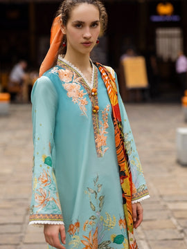 MUSHQ-3PC Sky Blue LAWN PRINTED SHIRT WITH CHIFFON PRINT DUPATTA AND PRINT TROUSER