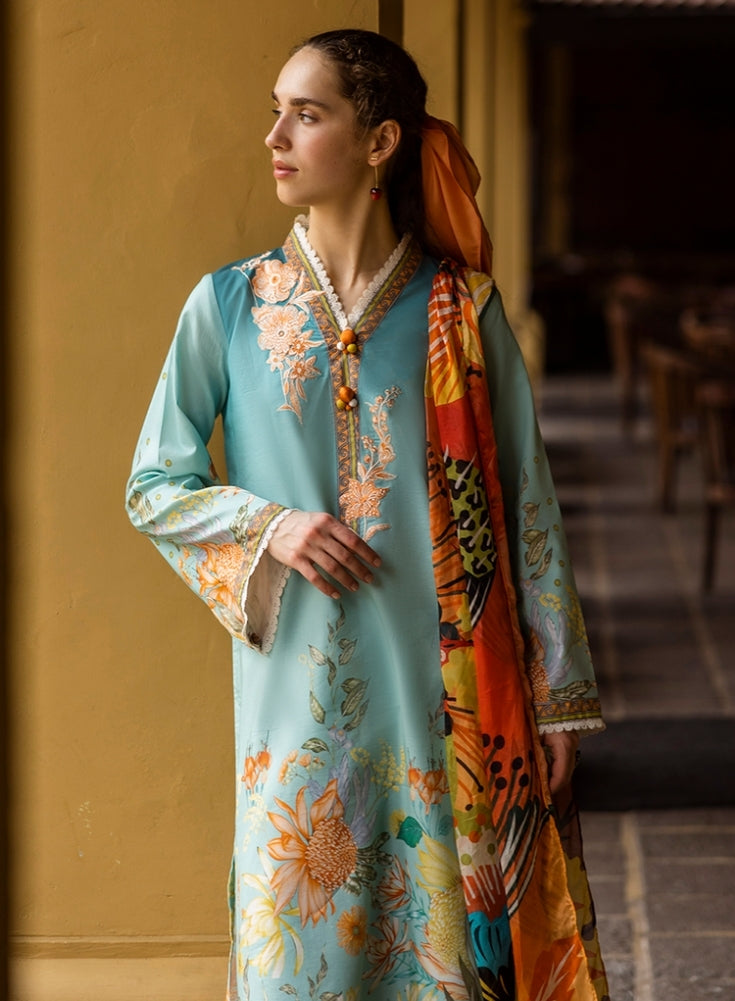 MUSHQ-3PC Sky Blue LAWN PRINTED SHIRT WITH CHIFFON PRINT DUPATTA AND PRINT TROUSER
