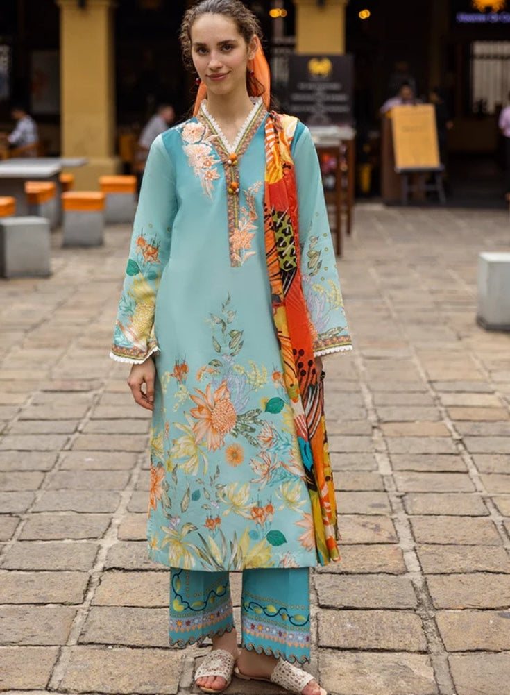 MUSHQ-3PC Sky Blue LAWN PRINTED SHIRT WITH CHIFFON PRINT DUPATTA AND PRINT TROUSER