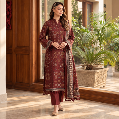 Maroon Dusk Viscose Jacquard 3-Piece Unstitched Suit