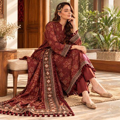 Maroon Dusk Viscose Jacquard 3-Piece Unstitched Suit