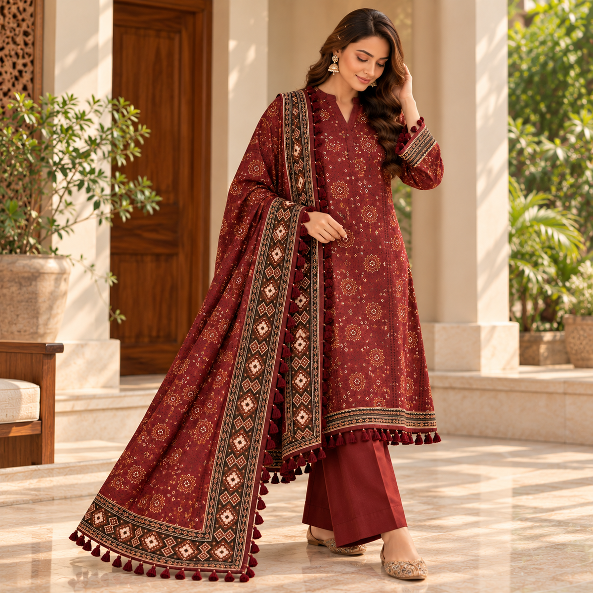 Maroon Dusk Viscose Jacquard 3-Piece Unstitched Suit