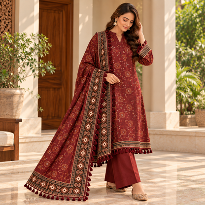 Maroon Dusk Viscose Jacquard 3-Piece Unstitched Suit