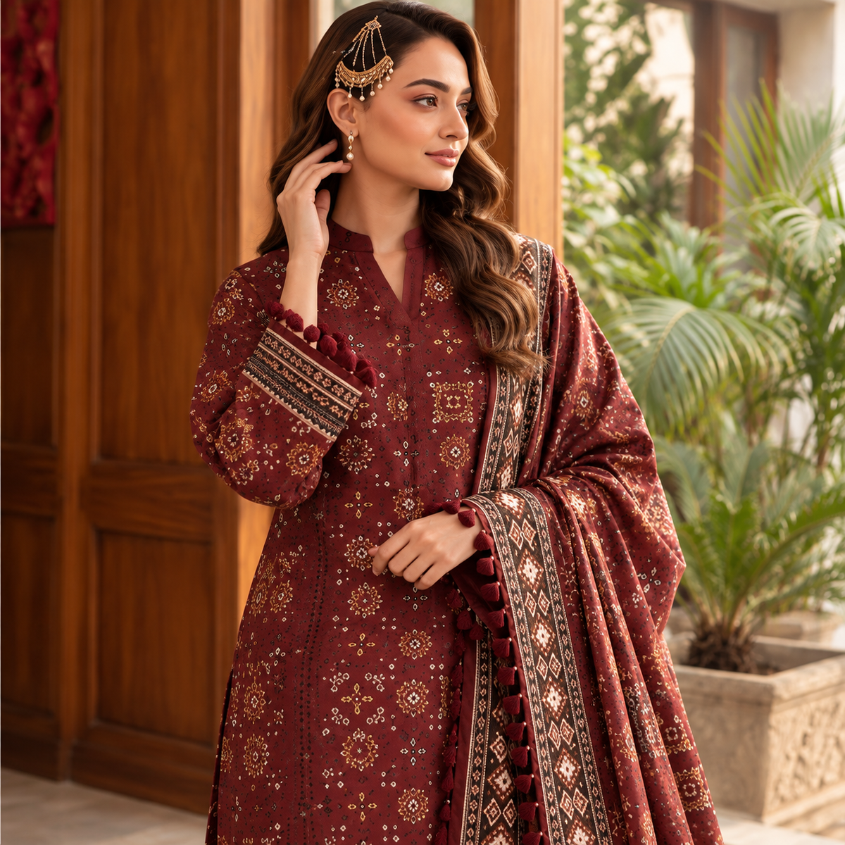 Maroon Dusk Viscose Jacquard 3-Piece Unstitched Suit