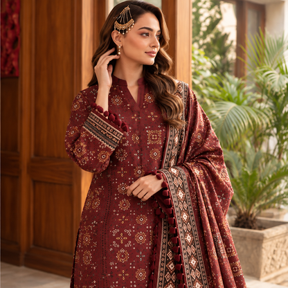 Maroon Dusk Viscose Jacquard 3-Piece Unstitched Suit