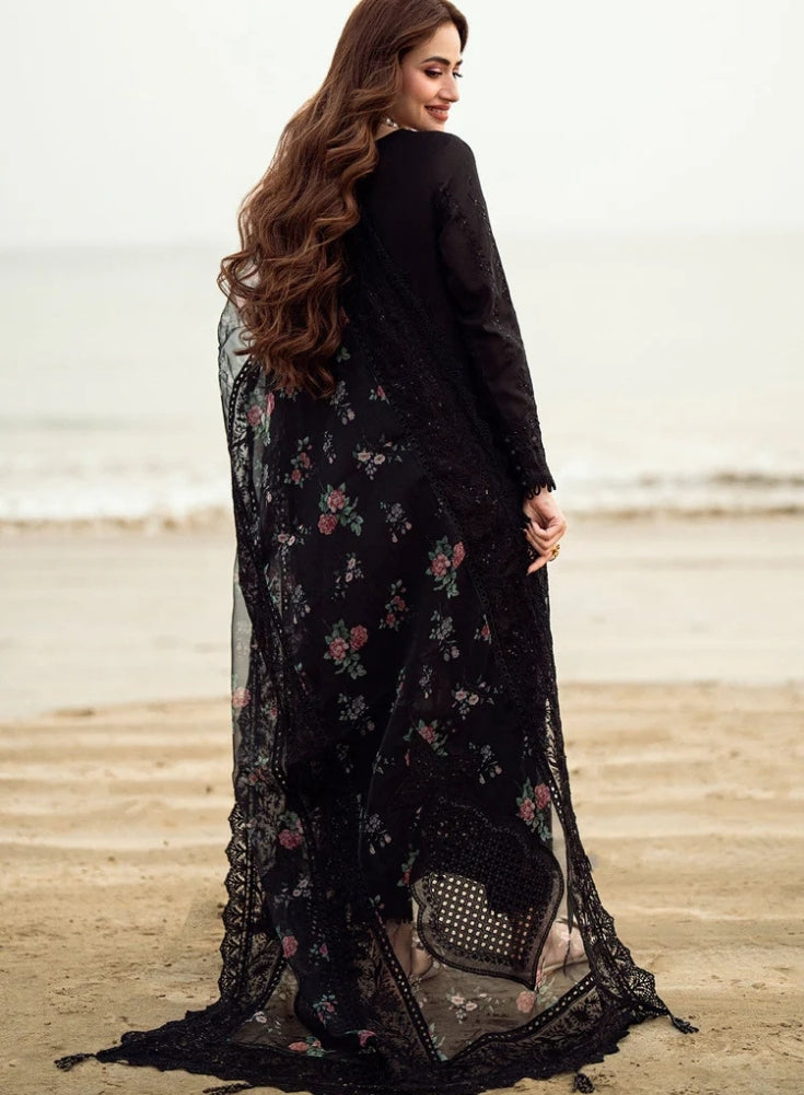 NUREH-3PC Black LAWN CHIKENKARI LASER EMBROIDERED SHIRT WITH COTTON NET EMBROIDERED PRINT DUPATTA