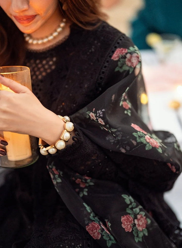 NUREH-3PC Black LAWN CHIKENKARI LASER EMBROIDERED SHIRT WITH COTTON NET EMBROIDERED PRINT DUPATTA