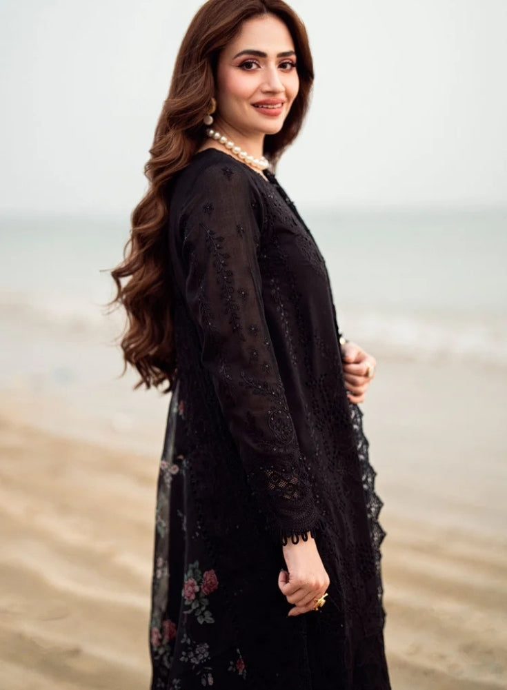 NUREH-3PC Black LAWN CHIKENKARI LASER EMBROIDERED SHIRT WITH COTTON NET EMBROIDERED PRINT DUPATTA