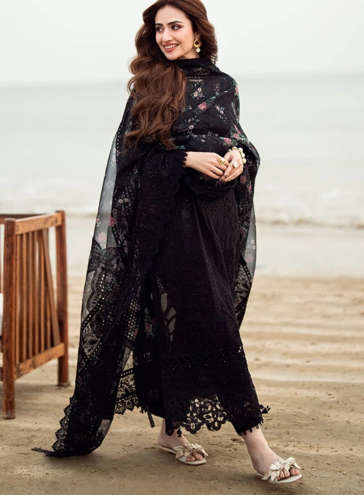 NUREH-3PC Black LAWN CHIKENKARI LASER EMBROIDERED SHIRT WITH COTTON NET EMBROIDERED PRINT DUPATTA