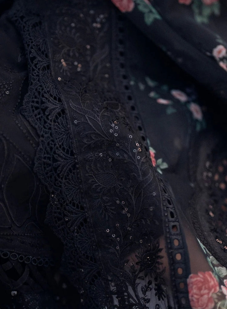 NUREH-3PC Black LAWN CHIKENKARI LASER EMBROIDERED SHIRT WITH COTTON NET EMBROIDERED PRINT DUPATTA