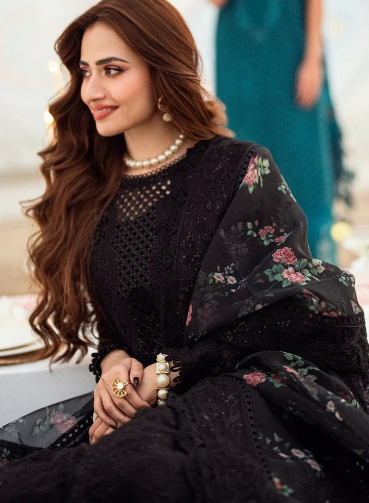 NUREH-3PC Black LAWN CHIKENKARI LASER EMBROIDERED SHIRT WITH COTTON NET EMBROIDERED PRINT DUPATTA