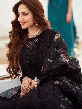 NUREH-3PC Black LAWN CHIKENKARI LASER EMBROIDERED SHIRT WITH COTTON NET EMBROIDERED PRINT DUPATTA