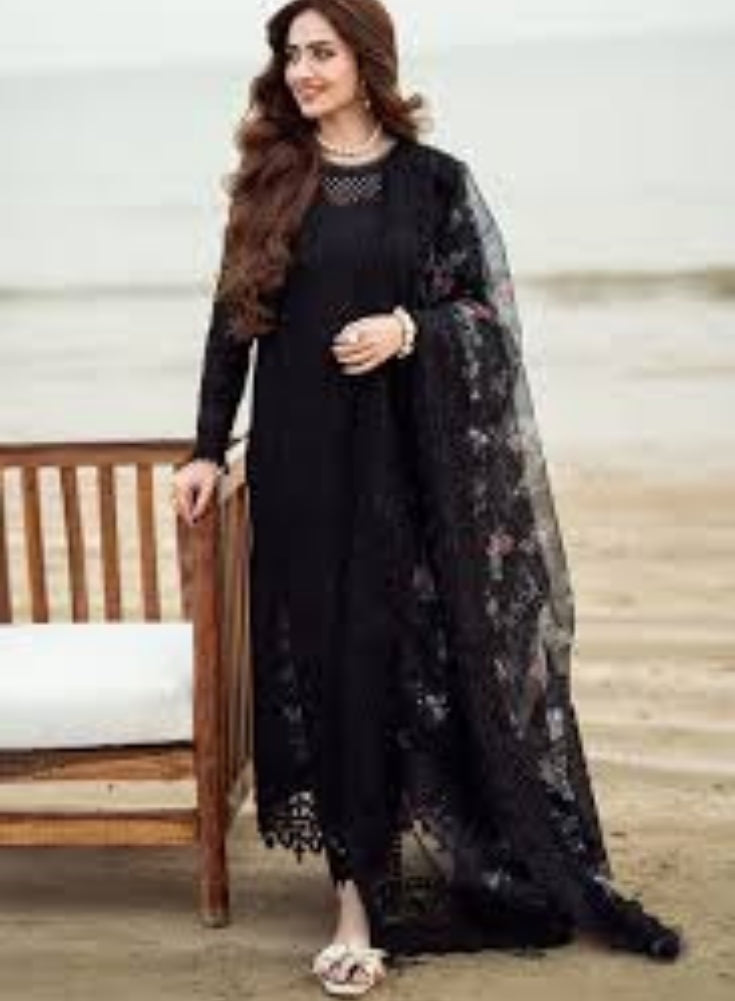 NUREH-3PC Black LAWN CHIKENKARI LASER EMBROIDERED SHIRT WITH COTTON NET EMBROIDERED PRINT DUPATTA