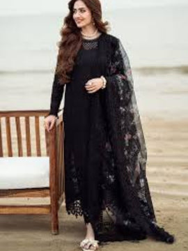 NUREH-3PC Black LAWN CHIKENKARI LASER EMBROIDERED SHIRT WITH COTTON NET EMBROIDERED PRINT DUPATTA