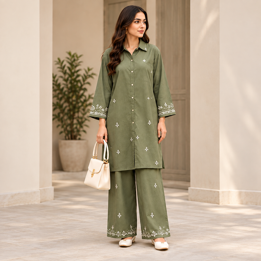 Olive Charm – Olive Green Embroidered Co-Ord Set