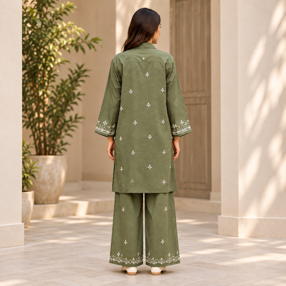 Olive Charm – Olive Green Embroidered Co-Ord Set