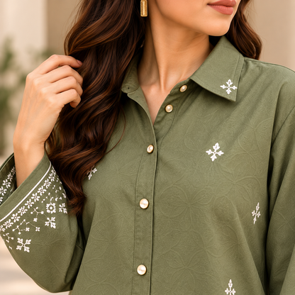 Olive Charm – Olive Green Embroidered Co-Ord Set