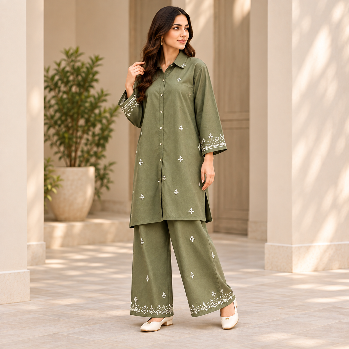 Olive Charm – Olive Green Embroidered Co-Ord Set