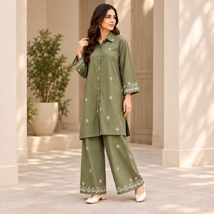 Olive Charm – Olive Green Embroidered Co-Ord Set