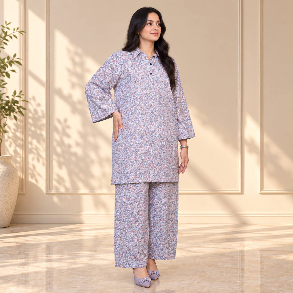 Pastel Bloom Khaddar 2-Piece Co-Ord Set for Women | SoftStitch