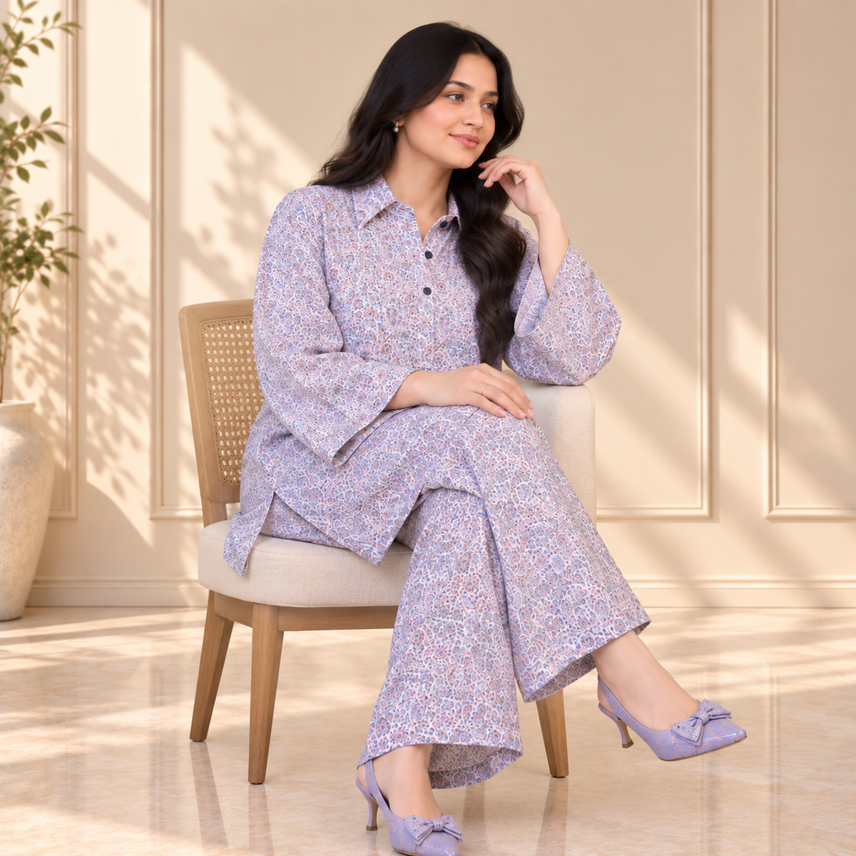 Pastel Bloom Khaddar 2-Piece Co-Ord Set for Women | SoftStitch