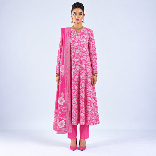 Pink Floral Viscose Jacquard 3-Piece Unstitched Suit