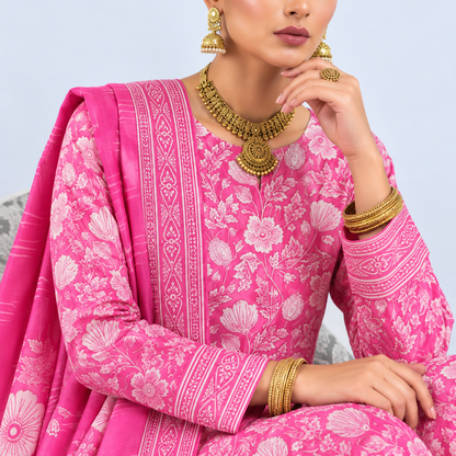 Pink Floral Viscose Jacquard 3-Piece Unstitched Suit