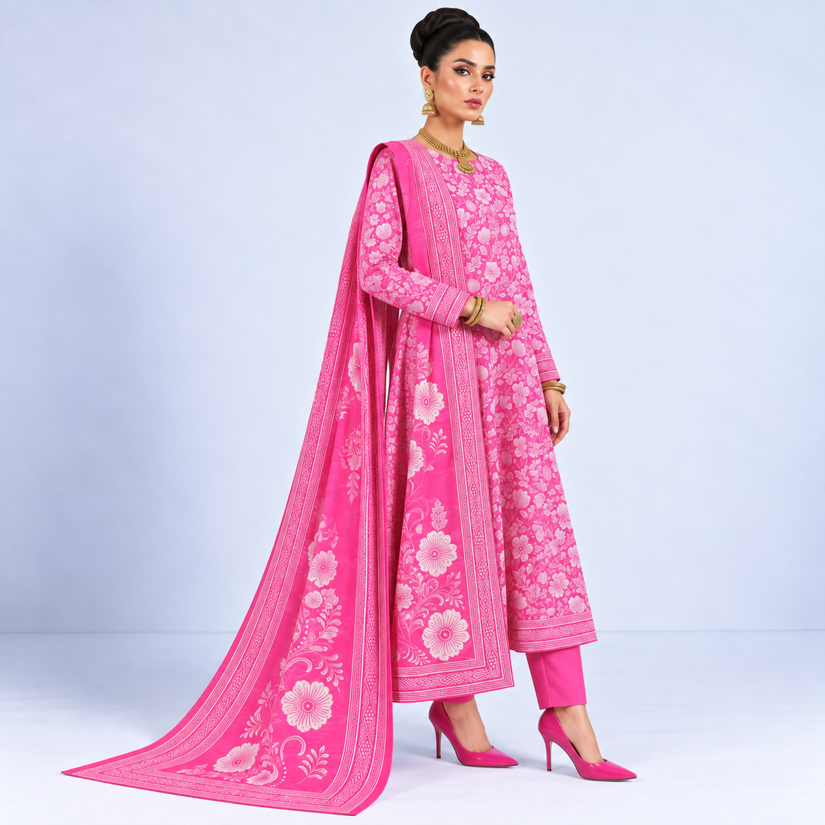 Pink Floral Viscose Jacquard 3-Piece Unstitched Suit
