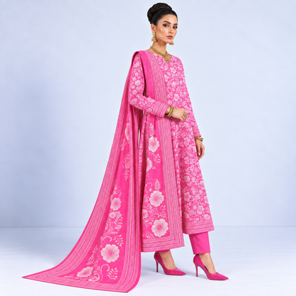Pink Floral Viscose Jacquard 3-Piece Unstitched Suit