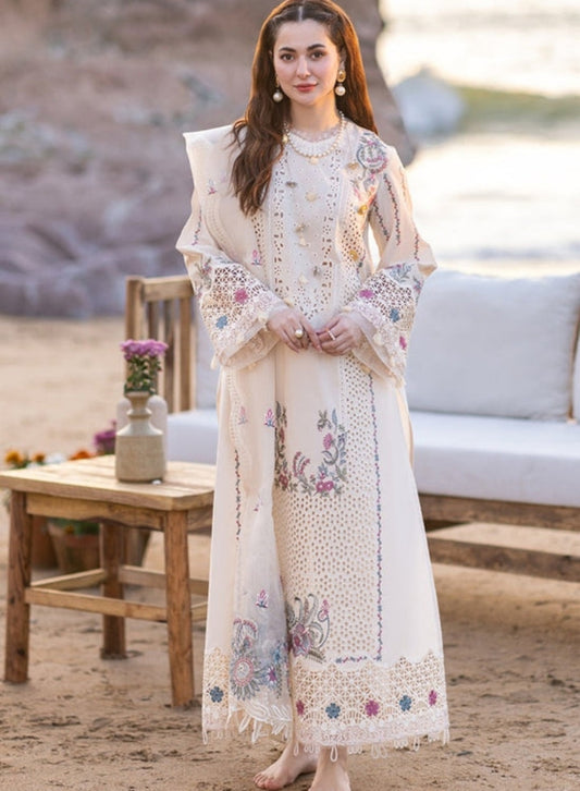 QALAMQAR-3PC White CHIKANKARI LAWN EMBROIDERED WITH ORGANZA EMBROIDERED DUPATTA & TROUSER