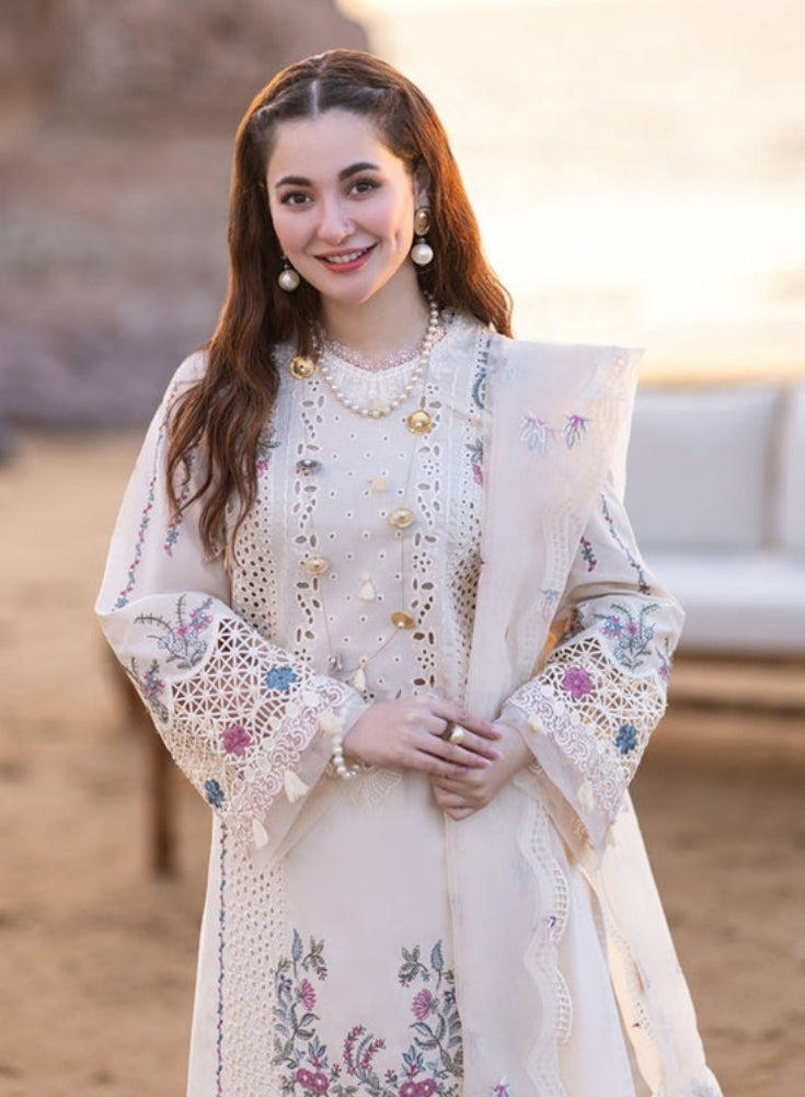 QALAMQAR-3PC White CHIKANKARI LAWN EMBROIDERED WITH ORGANZA EMBROIDERED DUPATTA & TROUSER