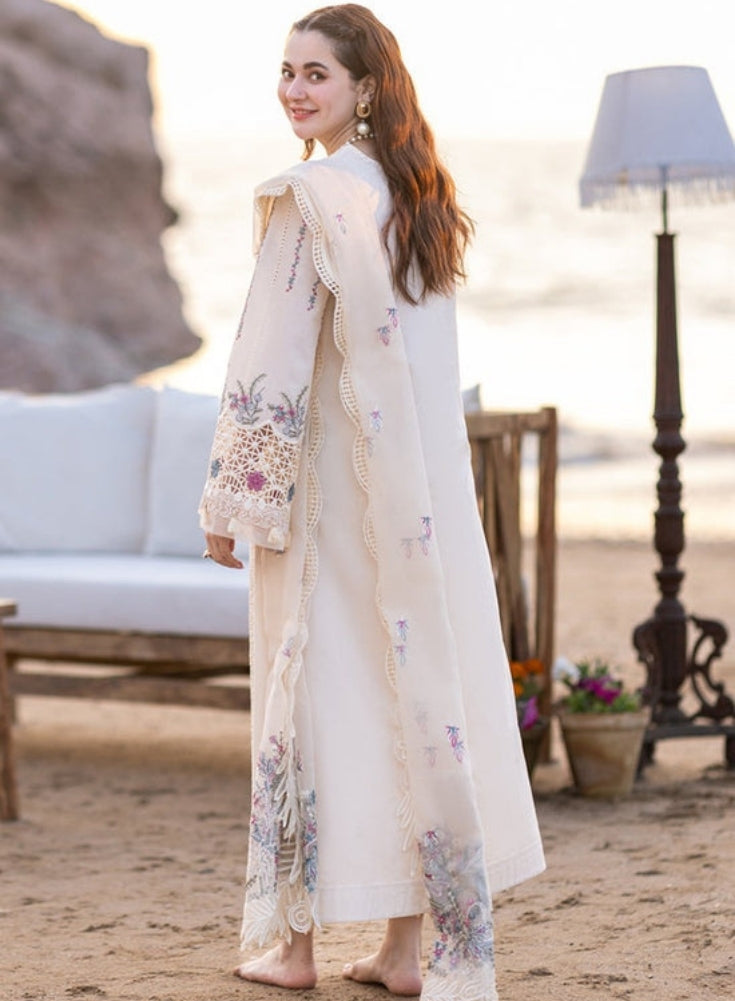 QALAMQAR-3PC White CHIKANKARI LAWN EMBROIDERED WITH ORGANZA EMBROIDERED DUPATTA & TROUSER