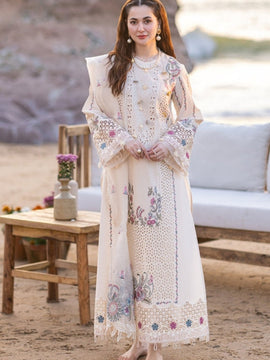 QALAMQAR-3PC White CHIKANKARI LAWN EMBROIDERED WITH ORGANZA EMBROIDERED DUPATTA & TROUSER