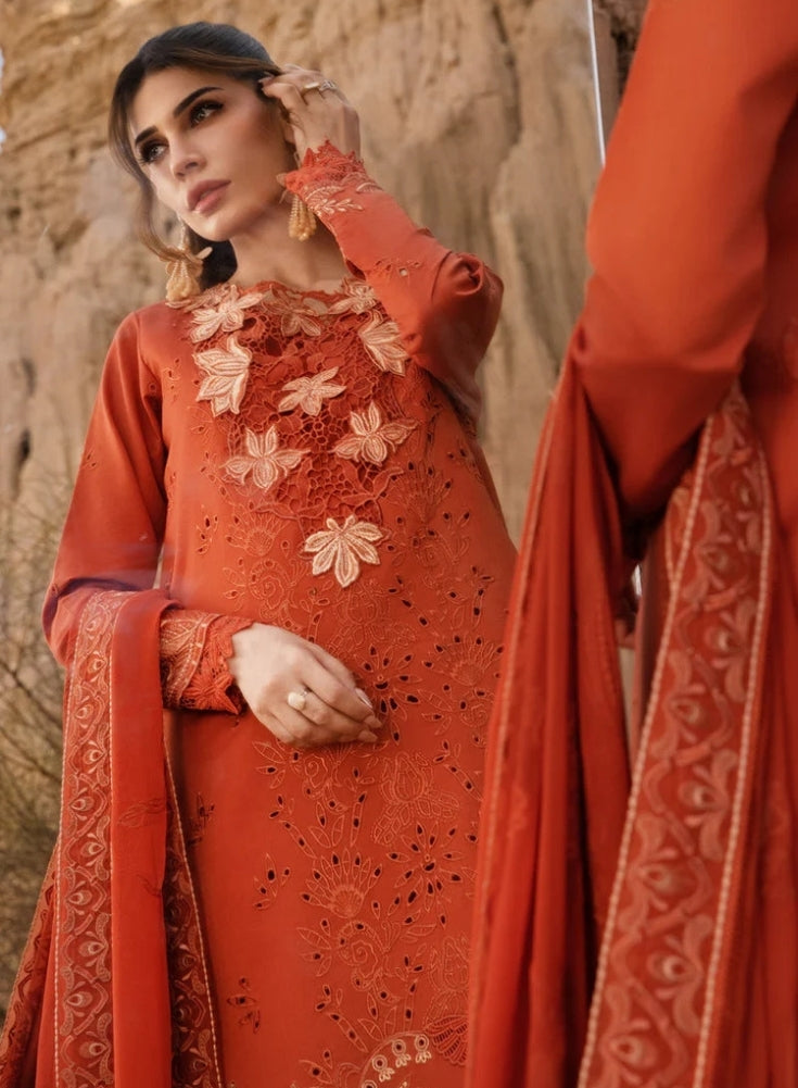 RANG RASIYA-3PC LAWN CHIKANKARI EMB SHIRT WITH ORGANZA EMB DUPATTA AND EMB TROUSER