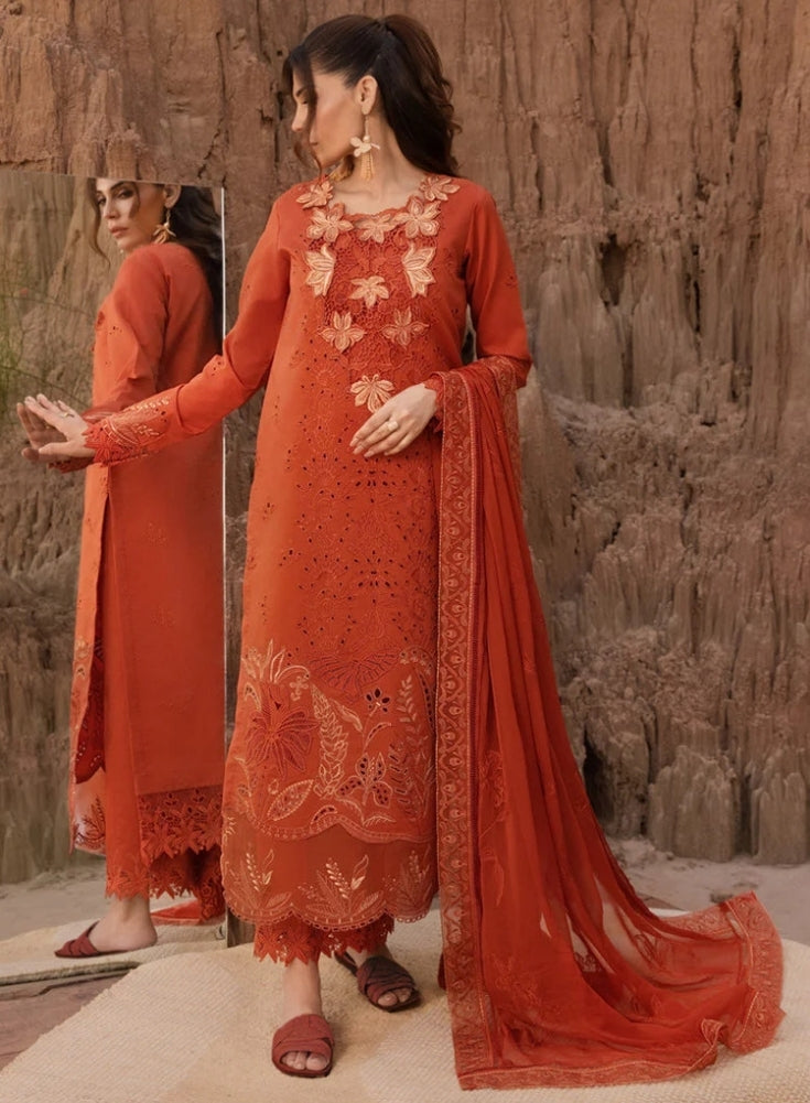 RANG RASIYA-3PC LAWN CHIKANKARI EMB SHIRT WITH ORGANZA EMB DUPATTA AND EMB TROUSER