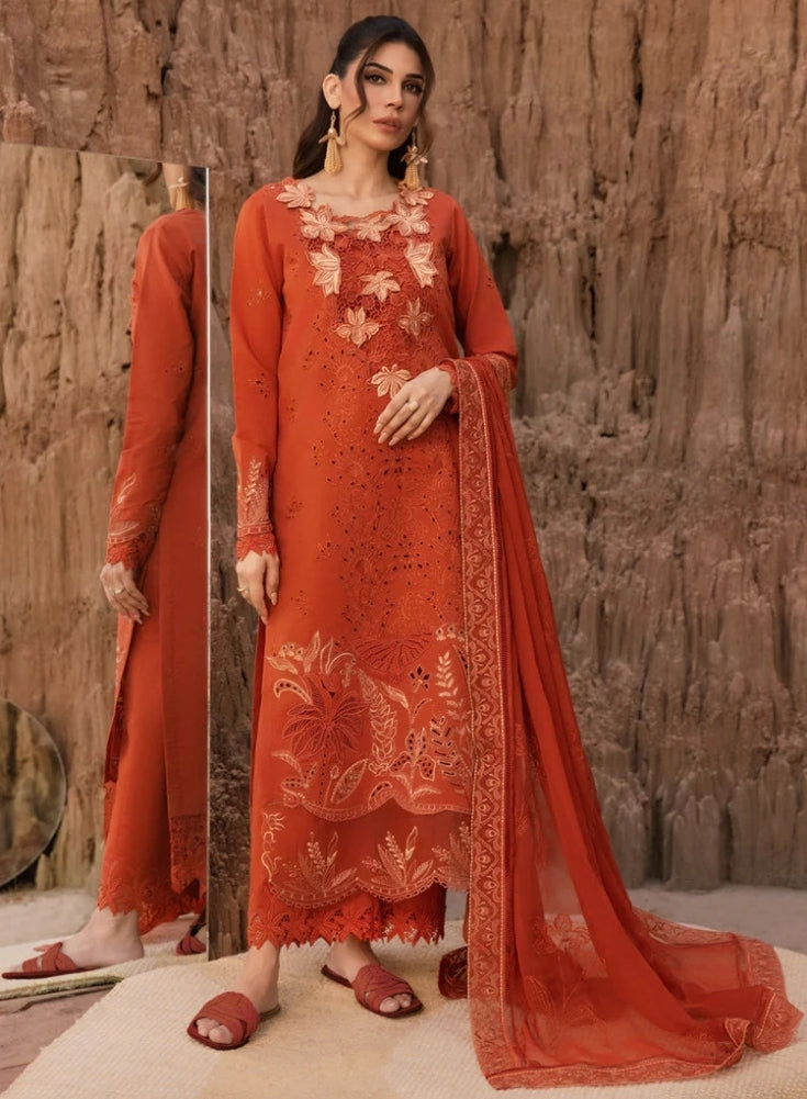 RANG RASIYA-3PC LAWN CHIKANKARI EMB SHIRT WITH ORGANZA EMB DUPATTA AND EMB TROUSER