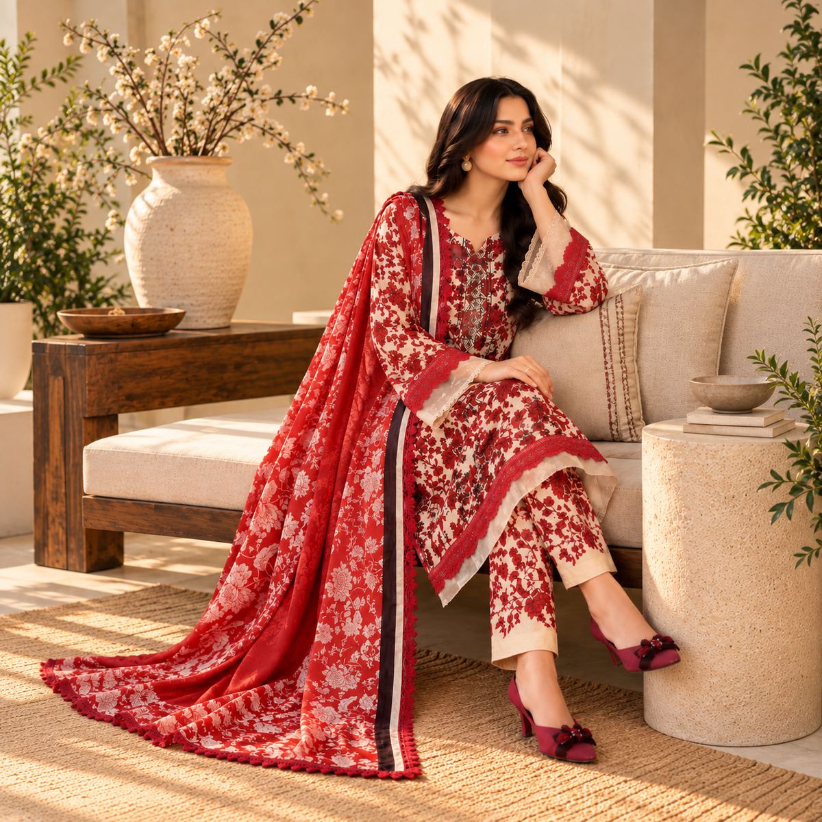 Ruby Rose Khaddar 3-Piece Printed Co-Ord Set for Women | SoftStitch