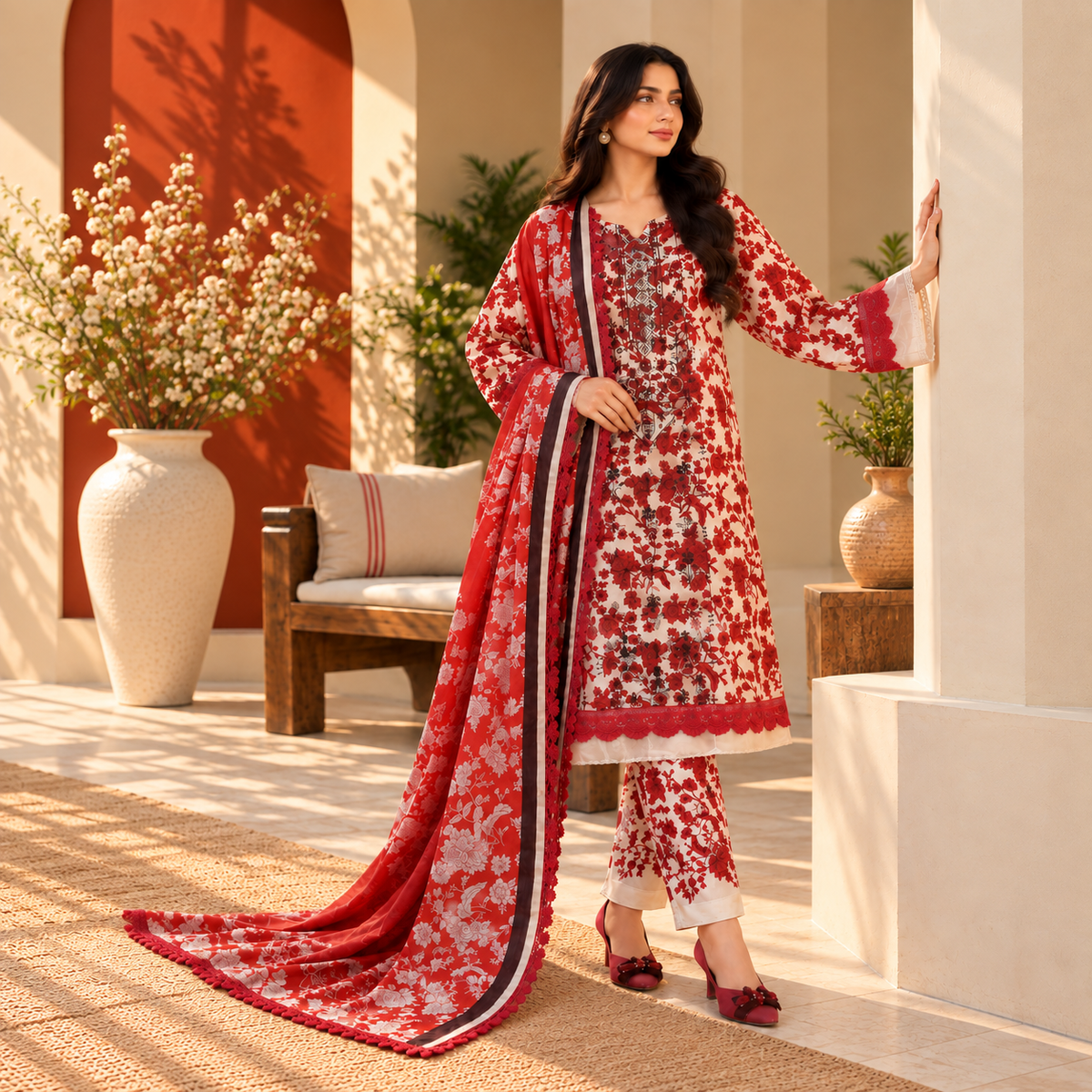 Ruby Rose Khaddar 3-Piece Printed Co-Ord Set for Women | SoftStitch
