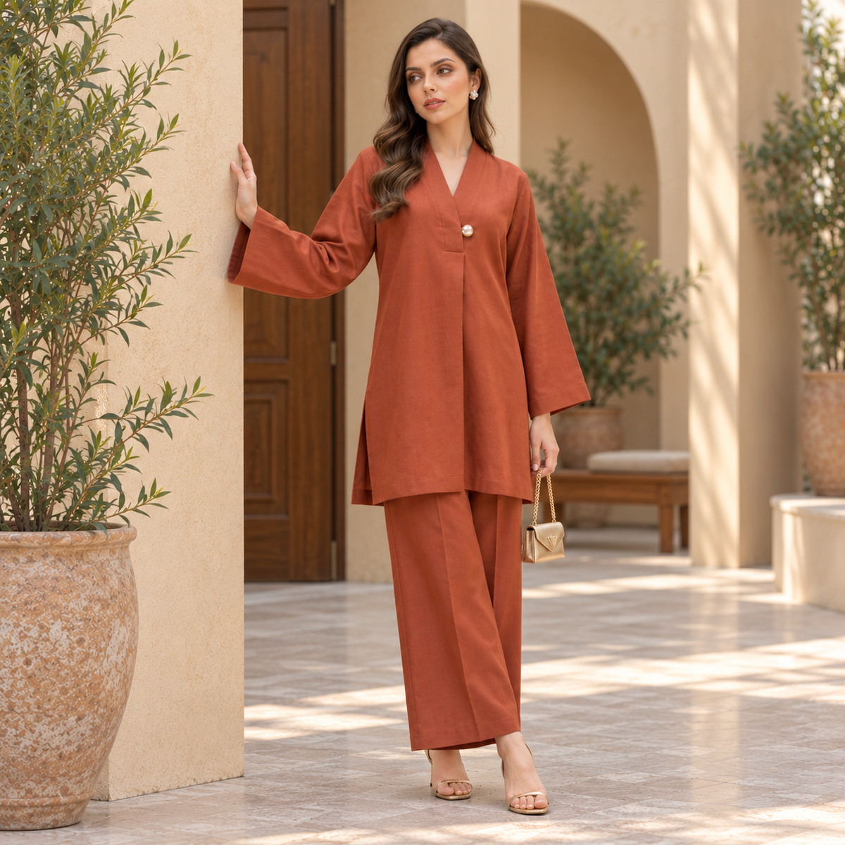 Rust Elegance 2-Piece Co-Ord Set for Women | SoftStitch