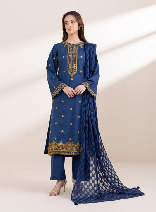 SAPPHIRE-3PC LAWN EMBROIDERED SHIRT WITH COTTON NET DUPATTA & TROUSER