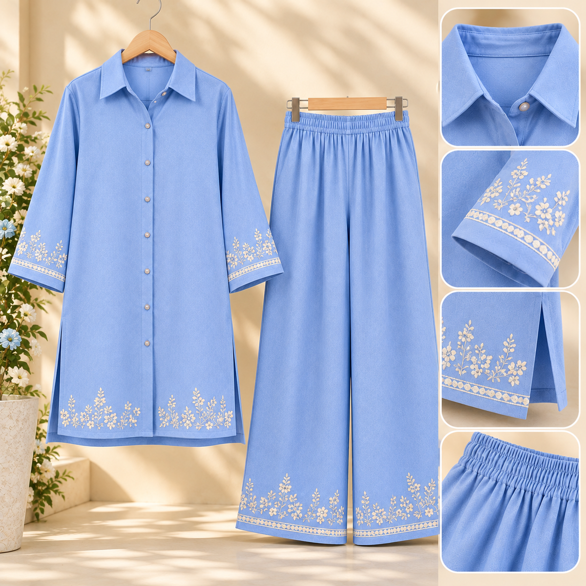 Soft Blue Bloom – Light Blue Embroidered 2-Piece Co-Ord Set for Women