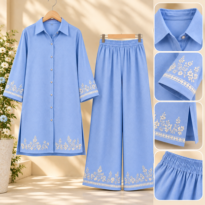 Soft Blue Bloom – Light Blue Embroidered 2-Piece Co-Ord Set for Women