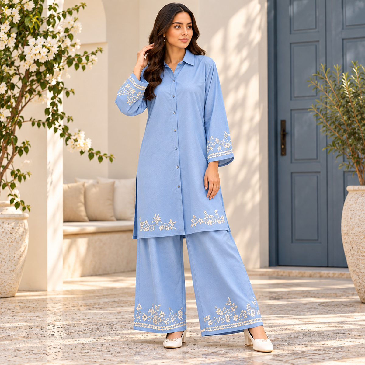 Soft Blue Bloom – Light Blue Embroidered 2-Piece Co-Ord Set for Women