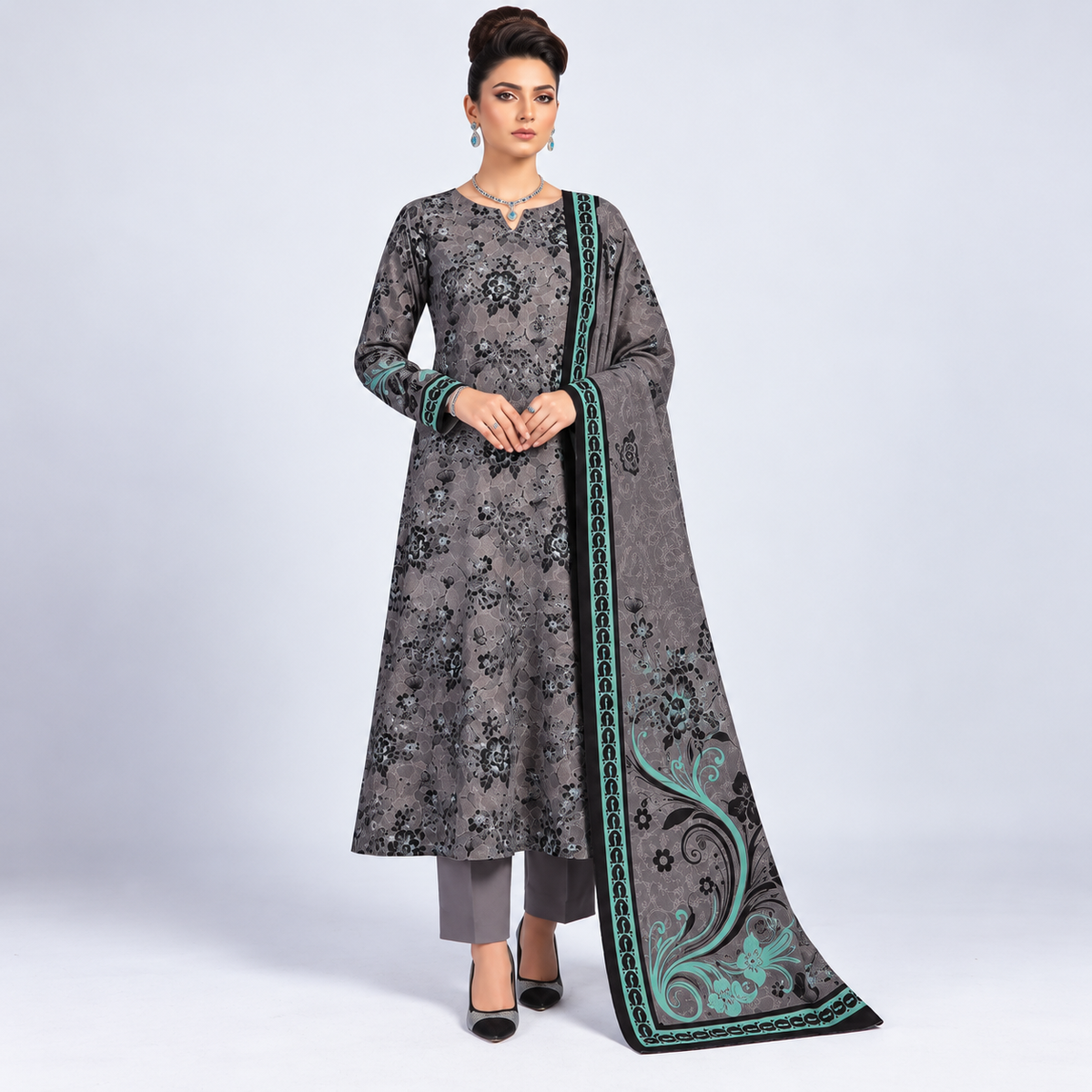 Teal Grey Viscose Jacquard 3-Piece Unstitched Suit