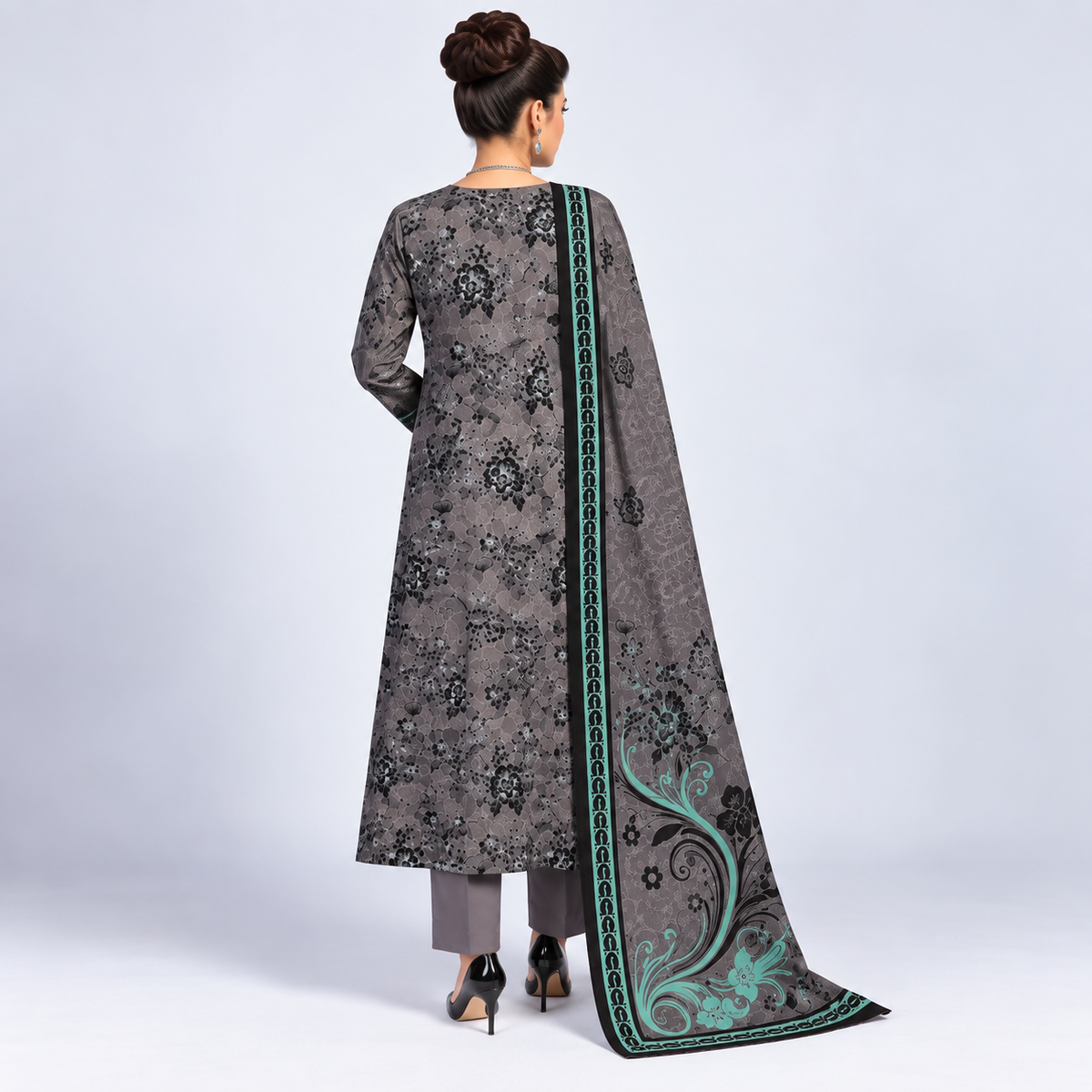 Teal Grey Viscose Jacquard 3-Piece Unstitched Suit