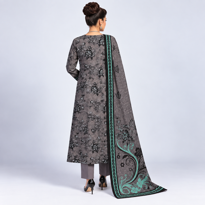 Teal Grey Viscose Jacquard 3-Piece Unstitched Suit
