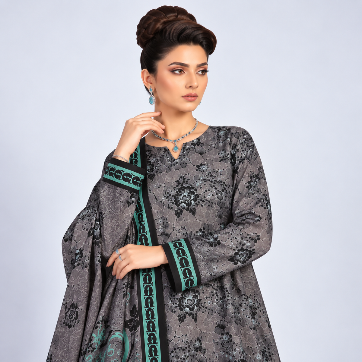 Teal Grey Viscose Jacquard 3-Piece Unstitched Suit