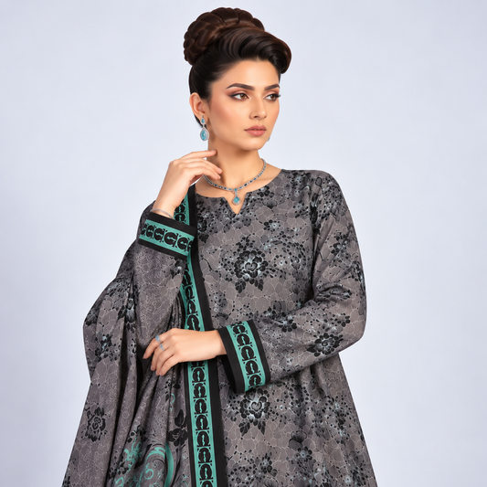 Teal Grey Viscose Jacquard 3-Piece Unstitched Suit